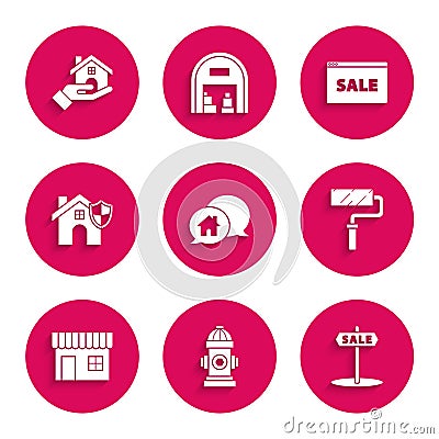 Set House building in speech bubble, Fire hydrant, Hanging sign with text Sale, Paint roller brush, Shopping or market Vector Illustration