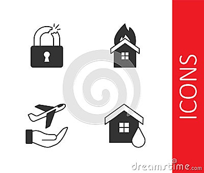 Set House flood, Broken or cracked lock, Plane in hand and Fire burning house icon. Vector Vector Illustration