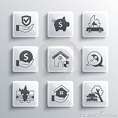 Set House in hand, Car damaged by fallen tree, Umbrella, with shield, accident, Money, Shield and Burning car icon Stock Photo