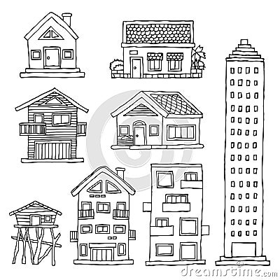 Set house home building vector illustration design hand drawing Cartoon Illustration