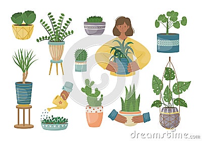The set of house plants in the pots. Planting plants. Decorative plants in the interior of the house. Flat style Vector Illustration
