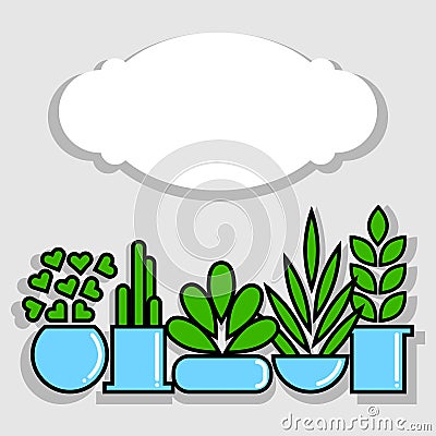 Set of house plants in pots. Cartoon Illustration