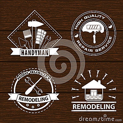 Set of house renovation labels and home remodeling logos. Handyman logo on wooden background. Vector Illustration