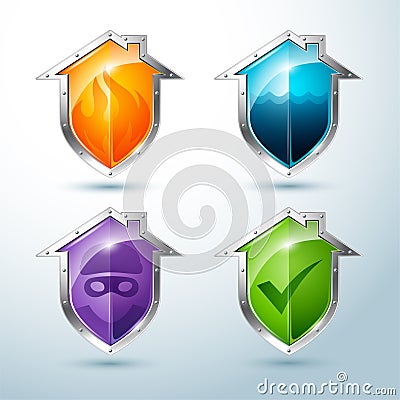 Set of house-shaped shield icons that illustrate danger Vector Illustration