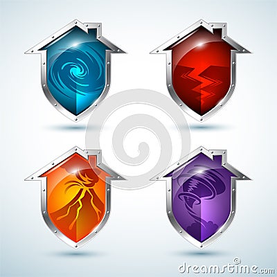 Set of house-shaped shield icons that illustrate natural disasters Vector Illustration