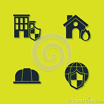 Set House with shield, Shield world globe, Worker safety helmet and Fire in burning house icon. Vector Vector Illustration