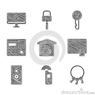 Set House under protection, Car key with remote, Bunch of keys, Folder and lock, Eye scan, intercom system, Undefined Vector Illustration