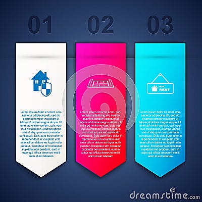 Set House under protection, plan and Hanging sign with For Rent. Business infographic template. Vector Vector Illustration