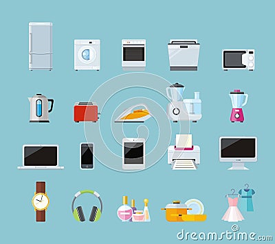 Set of Household Appliances Design Flat Vector Illustration