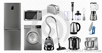 A set of household appliances: microwave oven, washing machine, refrigerator, vacuum cleaner, multicooker, food processor, blender Vector Illustration