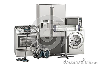 Set of household appliances. Washing machine, fridge, gas stove, microwave oven, tv set and vacuum cleaner. 3D rendering Stock Photo