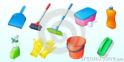 Set of household equipment scoop, cleaning brush Vector Illustration