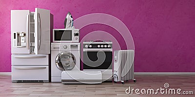 Set of household home appliancess on pink background. Kitchen te Cartoon Illustration