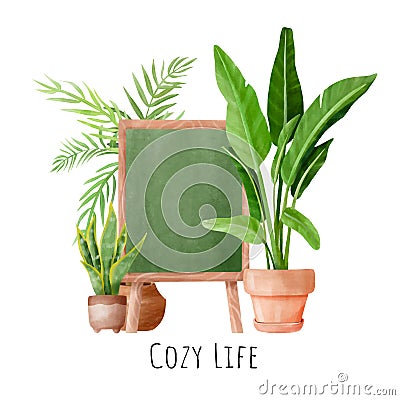 set of houseplants with blackboard decoration shop vector illustration Cartoon Illustration