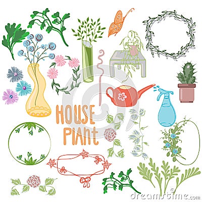 Set of houseplants and flowers in a pot in flat style. Indoor gerb on shelf. Living room design decoration element Vector Illustration