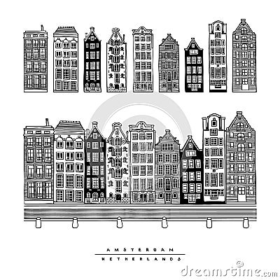 Set of houses of the Damrak Avenue, Amsterdam, Netherlands. Vector illustration of European city. Vector Illustration