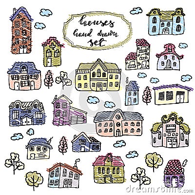 Set of houses in doodle style Vector Illustration