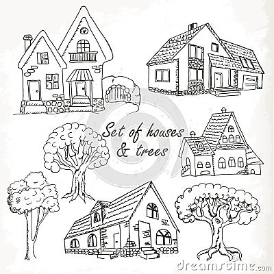 Set of houses and trees. Vector illustration Cartoon Illustration