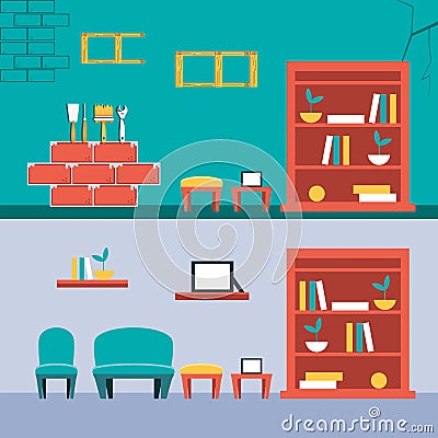 set of before and after houses under constructions Cartoon Illustration