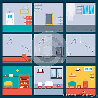 set of before and after houses under constructions Cartoon Illustration