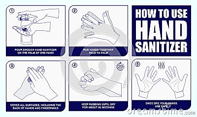 Set of How to use hand sanitizer properly in monochrome mode, step by step How to use hand sanitizer correctly for prevent virus Vector Illustration