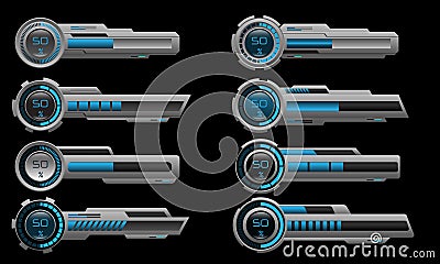 Set of HUD modern loading progress bars user interface elements design technology cyber blue grey metallic futuristic vector Vector Illustration