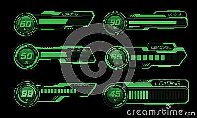 Set of HUD modern loading progress bars user interface elements design technology cyber green on black futuristic vector Vector Illustration