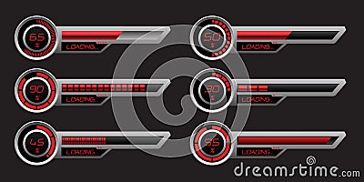 Set of HUD modern loading progress bars user interface elements design technology cyber red grey metallic futuristic vector Vector Illustration