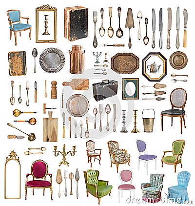 Set of a huge amount gorgeous old vintage items Stock Photo