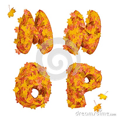 Set of huge autumn alphabet letters: M, N, O, P Stock Photo