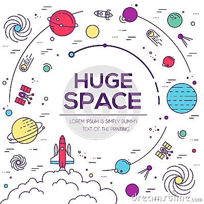 Set of huge universe infographic illustration. Outer space rocket flying up into the solar system with a lot of planets Vector Illustration