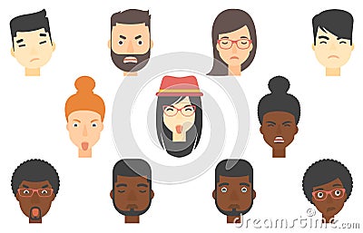 Set of human faces expressing different emotions. Vector Illustration