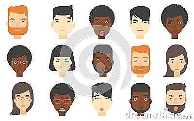 Set of human faces expressing negative emotions. Vector Illustration