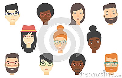 Set of human faces expressing positive emotions. Vector Illustration