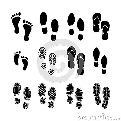 Set of human footprints vector design template. Black silhouette of human footprints, shoes prints, baby prints, women prints Vector Illustration