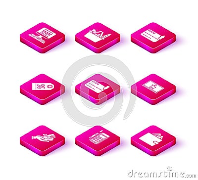 Set Human hand holding with credit card, Pos terminal inserted, Discount percent tag, Credit, Wallet stacks paper money Stock Photo