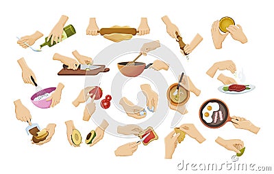 Set human hands preparing food. Cooking utensils with soup, eggs, meat, roll out dough, beat cream, cutting avocado and sprinkle Vector Illustration