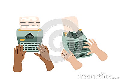 set of human hands writing on typewrite, author concept Vector Illustration