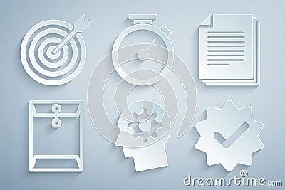 Set Human head with gear inside, Document, Envelope, Approved and check mark, Stopwatch and Target arrow icon. Vector Vector Illustration