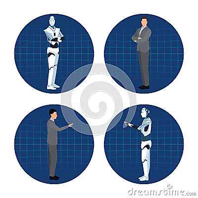 Set of humanoid robot ans businessman Vector Illustration