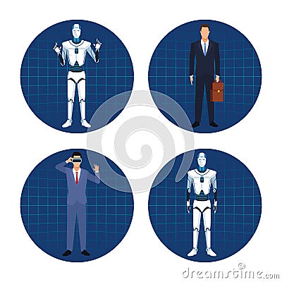 Set of humanoid robot ans businessman Vector Illustration