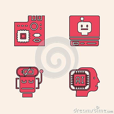 Set Humanoid robot, Motherboard digital chip, Robot and low battery charge icon. Vector Vector Illustration