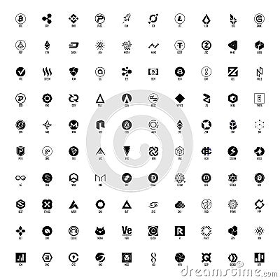 Set of hundred cryptocurrency logos, black and white Vector Illustration