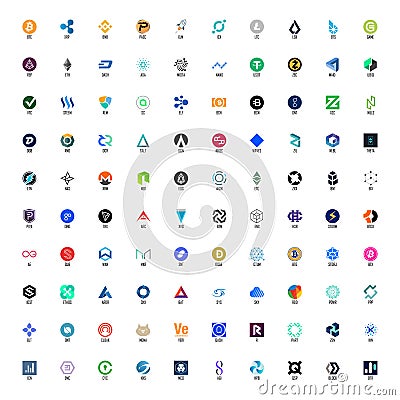 Set of hundred cryptocurrency logos Vector Illustration