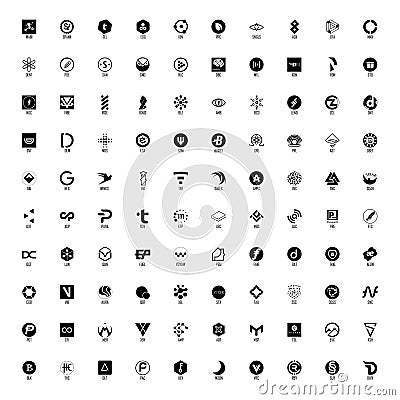 Set of hundred cryptocurrency logos, black and white, part 2 Vector Illustration