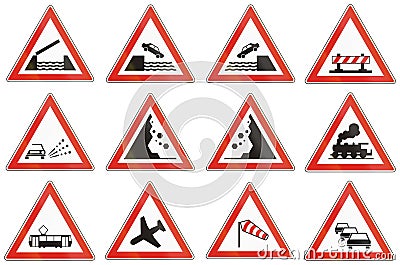 Set of Hungarian warning road signs Stock Photo