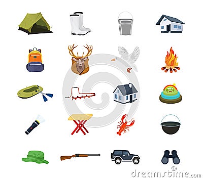 Set of hunter, fisherman objects, equipment, structures, equipment, clothing, accessories. Vector Illustration