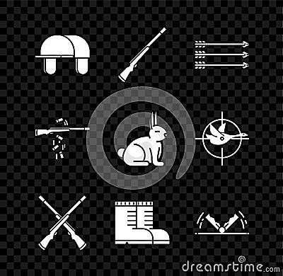 Set Hunter hat, Hunting gun, Hipster arrows, Two crossed shotguns, boots, Trap hunting, Gun shooting and Rabbit icon Vector Illustration