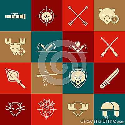 Set Hunter hat, knife, Two crossed shotguns, Crossed arrows, Trap hunting, on moose with crosshairs, Sniper optical Stock Photo