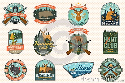 Set of Hunting club badge. Vector Concept for shirt, print, stamp. Vintage typography design with hunting gun, boar Vector Illustration